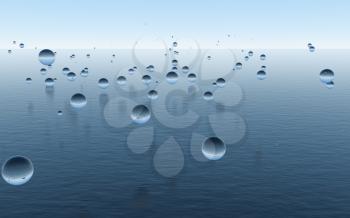 Water sphere over the calm ocean, fantastic scene, 3d rendering. Computer digital drawing.