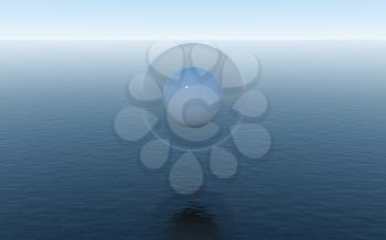Water sphere over the calm ocean, fantastic scene, 3d rendering. Computer digital drawing.