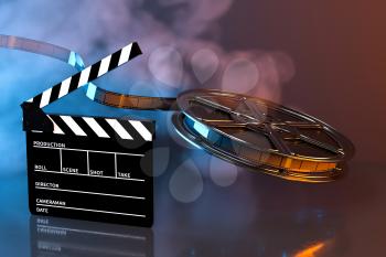 Clapper board and film tape with dark background, 3d rendering. Computer digital drawing.