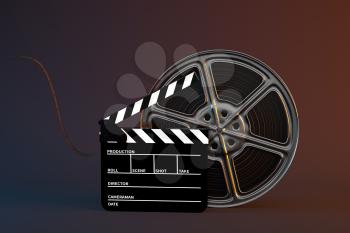 Clapper board and film tape with dark background, 3d rendering. Computer digital drawing.