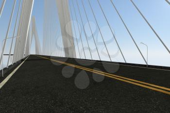 Asphalt road on the suspension bridge, 3d rendering. Computer digital drawing.