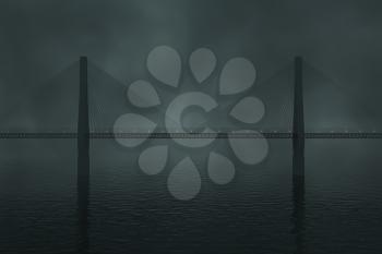 The suspension bridge over the lake at night, 3d rendering. Computer digital drawing.