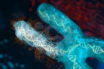 Mutation of chromosome with dark background, 3d rendering. Computer digital drawing.