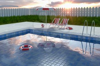 A swimming pool on a sunny day, 3d rendering. Computer digital drawing.