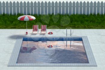 A swimming pool on a clear day, 3d rendering. Computer digital drawing.