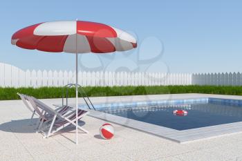 A swimming pool on a clear day, 3d rendering. Computer digital drawing.