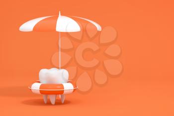 Cartoon tooth on holiday, tooth care concept, 3d rendering. Computer digital drawing.