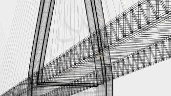 Sketch lines of suspension bridge, 3d rendering. Computer digital drawing.