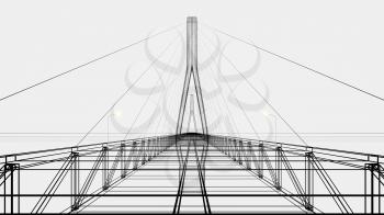 Sketch lines of suspension bridge, 3d rendering. Computer digital drawing.