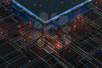 Circuit with glowing lines with dark background, 3d rendering. Computer digtial drawing.