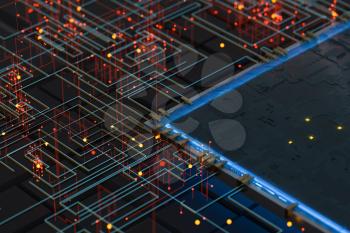 Circuit with glowing lines with dark background, 3d rendering. Computer digtial drawing.