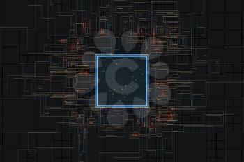 Circuit with glowing lines with dark background, 3d rendering. Computer digtial drawing.