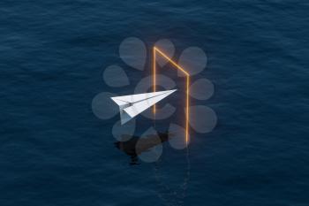 Paper plane fly over the laser door, 3d rendering. Computer digital drawing.