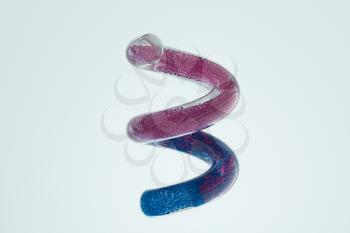 Mixing of particles in the glass spring tube, 3d rendering. Computer digital drawing.