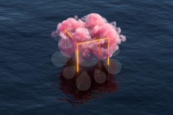 Pink cloud float over the sea, 3d rendering. Computer digital drawing.