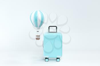 Luggage and hot air balloon with white background, 3d rendering. Computer digital drawing.