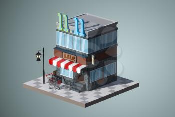 Cartoon store, modern shop building, 3d rendering. Computer digital drawing.