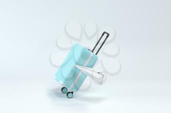 Luggage and paper airplane with white background, 3d rendering. Computer digital drawing.