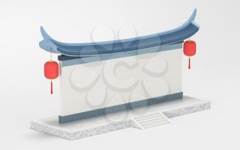 Empty signboard wall, Chinese retro style, 3d rendering. Computer digital drawing.