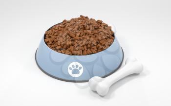 Pet food and bone, pet nutrition diet, 3d rendering. Computer digital drawing.