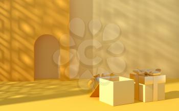 Creative empty background with gift boxes, 3d rendering. Computer digital drawing.