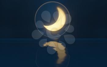 The new moon with reflection on the water, 3d rendering. Computer digital drawing.