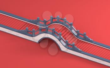 Chinese style bridge with red background, 3d rendering, Computer digital drawing,