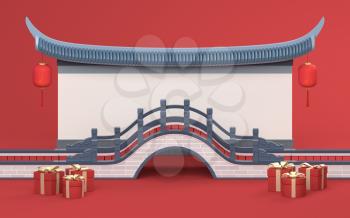 Chinese style bridge with red background, 3d rendering, Computer digital drawing,