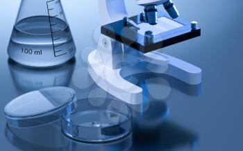Glassware and microscope in the laboratory, 3d rendering. Computer digital drawing.