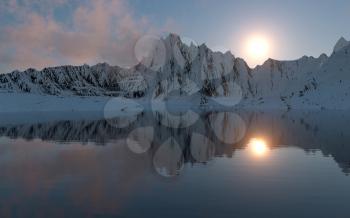 Snowy mountains background, 3d rendering. Computer digital drawing.