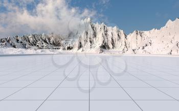 Snowy mountains with empty floor background, 3d rendering. Computer digital drawing.