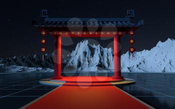 Chinese gate with snow mountains background, translating blessing, 3d rendering. Computer digital drawing.