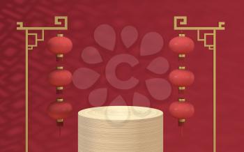 Empty wood stage with Chinese background, 3d rendering. Computer digital drawing.