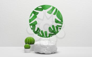 Cactus and monstera with white background , 3d rendering. Computer digital drawing.