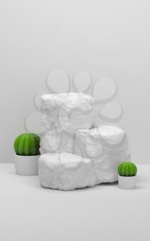 Cactus and stones with white background, 3d rendering. Computer digital drawing.