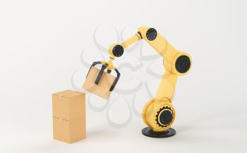 The robotic arm picks up the box, 3d rendering. Computer digital drawing.