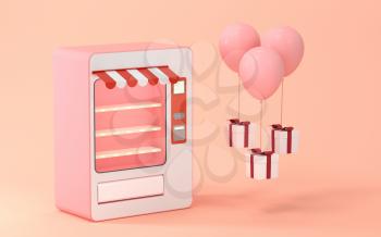 Empty vending machine and balloons ,3d rendering. Computer digital drawing.