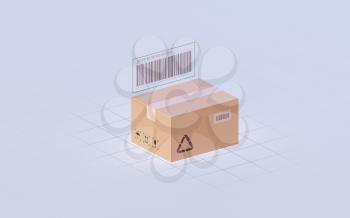 Carton and bar code, commodity inspection and transportation, 3d rendering. Computer digital drawing.