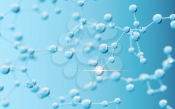 Chemical molecule with blue background, 3d rendering. Computer digital drawing.