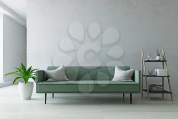 Interior Room with Contemporary Furniture, Green Sofa, Plant and Ladder Shelf near the Old White Wall, Simple Modern Home Decor, Fashion Style, 3D Rendering Illustration, Contemporary Graphic Design