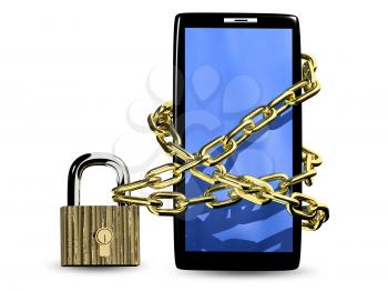 3d illustration of a smartphone in a chain on the padlock