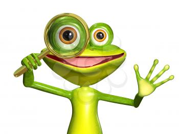 3d illustration merry green frog with magnifying