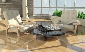 3d illustration of chess on a glass table