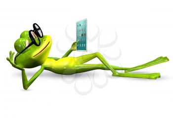 3d illustration merry green frog with a tablet