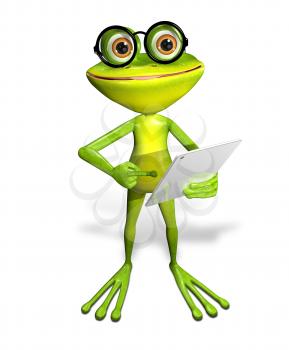 3d illustration merry green frog with a tablet