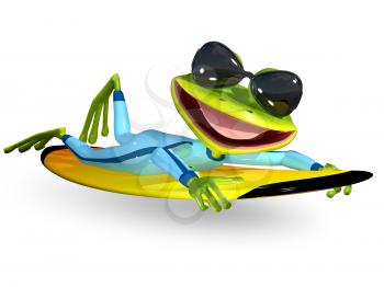 3d illustration merry green frog on a surfboard