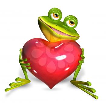 illustration merry green frog with red heart