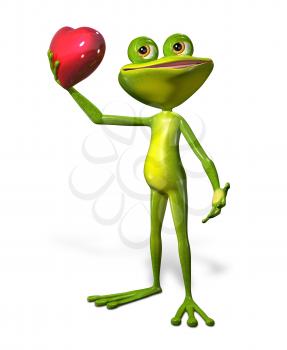 illustration merry green frog with red heart