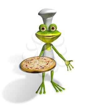 Royalty Free Clipart Image of a Frog Holding a Pizza