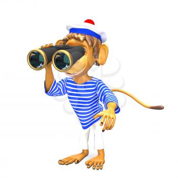 3D Illustration Monkey Sailor with Binoculars on White Background